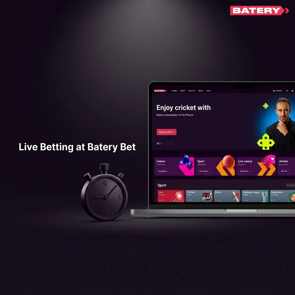 Batery Bet live betting interface showing real-time odds, live score tracker, and cash out option for cricket and football