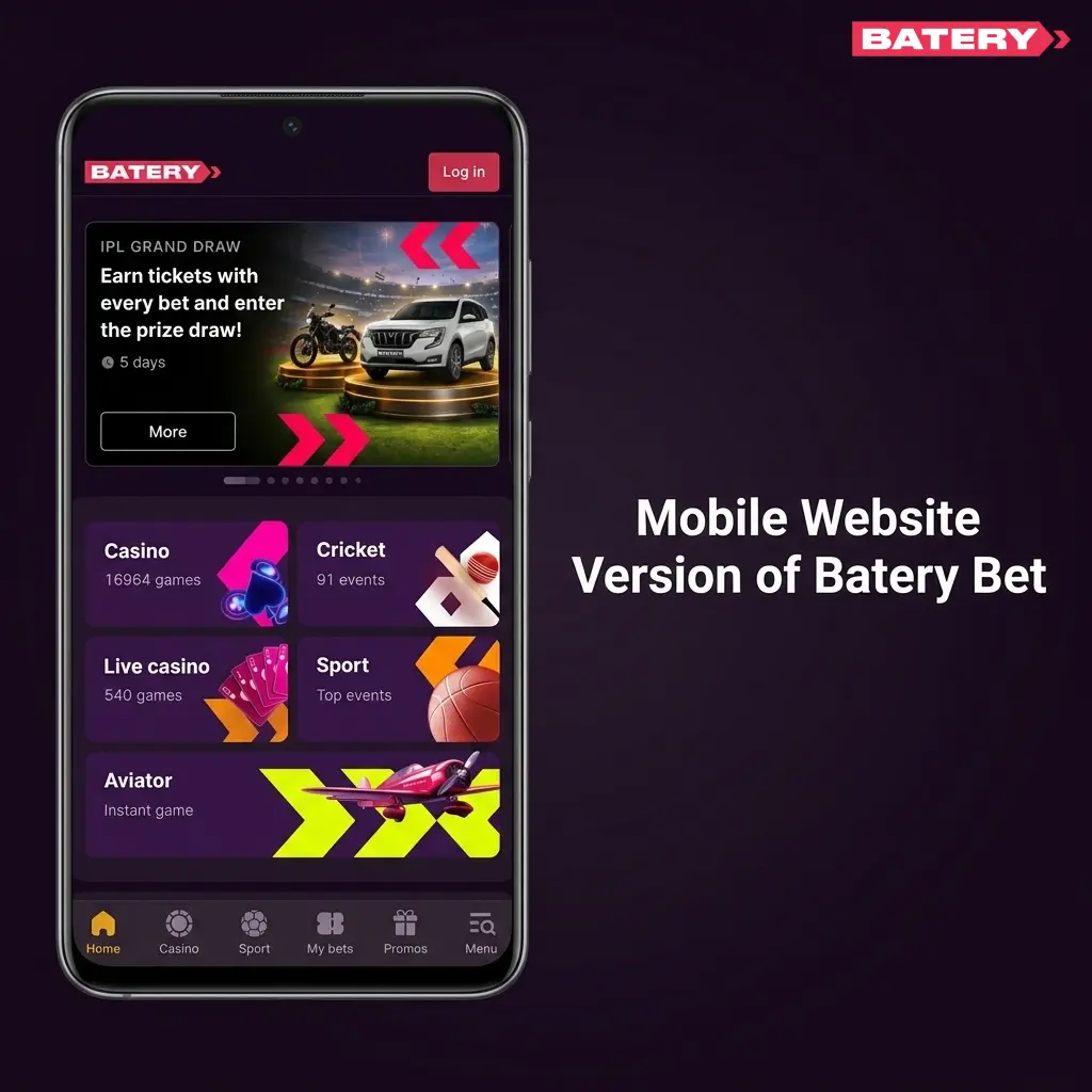 Batery Bet mobile website interface showing live betting and cashier sections optimised for all mobile browsers