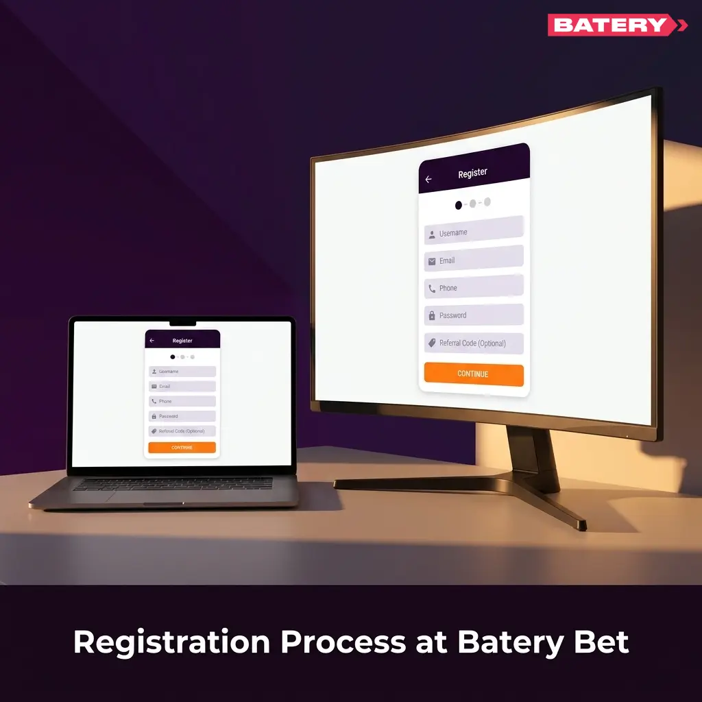 Batery Bet registration process showing sign-up steps for email, phone, or social account with INR currency selection